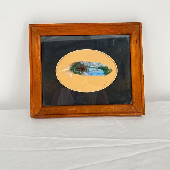Vintage Cabin By the River Artist signed Oil‎ Painted Feather Framed - Picture 1 of 4